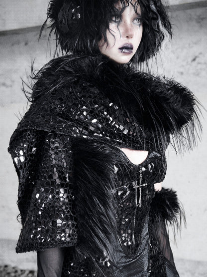 Black Fanx Fur and Glossy Scales Knitted Scarf