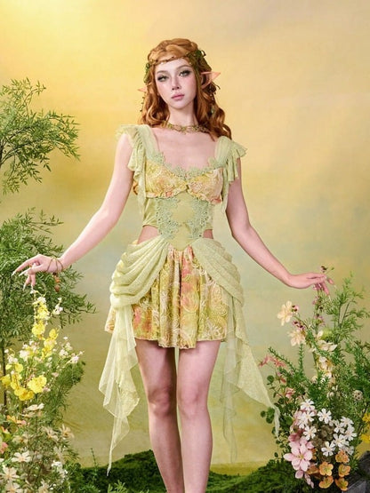 Green Fairycore Mori Lace A-Line Sleeveless Cut-out Dress - Virtual Orbit