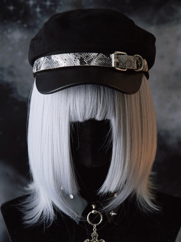 Beret Hat Snakeskin Design Buckle Pattern Black Gothic