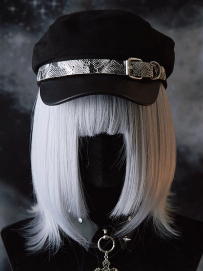 Buckle Gothic Pattern Design Black Snakeskin Beret Hat