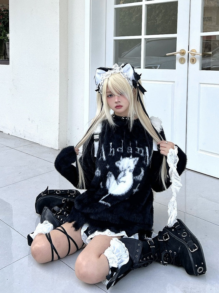 Sweater Black/White with Distress Kitten Plush Design Trim Devil and