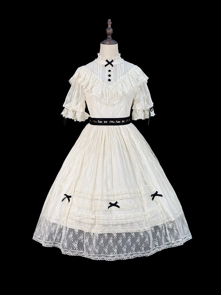 Two-Tone Beige and Black Lolita OP Gown with Edward Collar, Sheer Lace and Ribbon Trims - Miss Cube Dressworks
