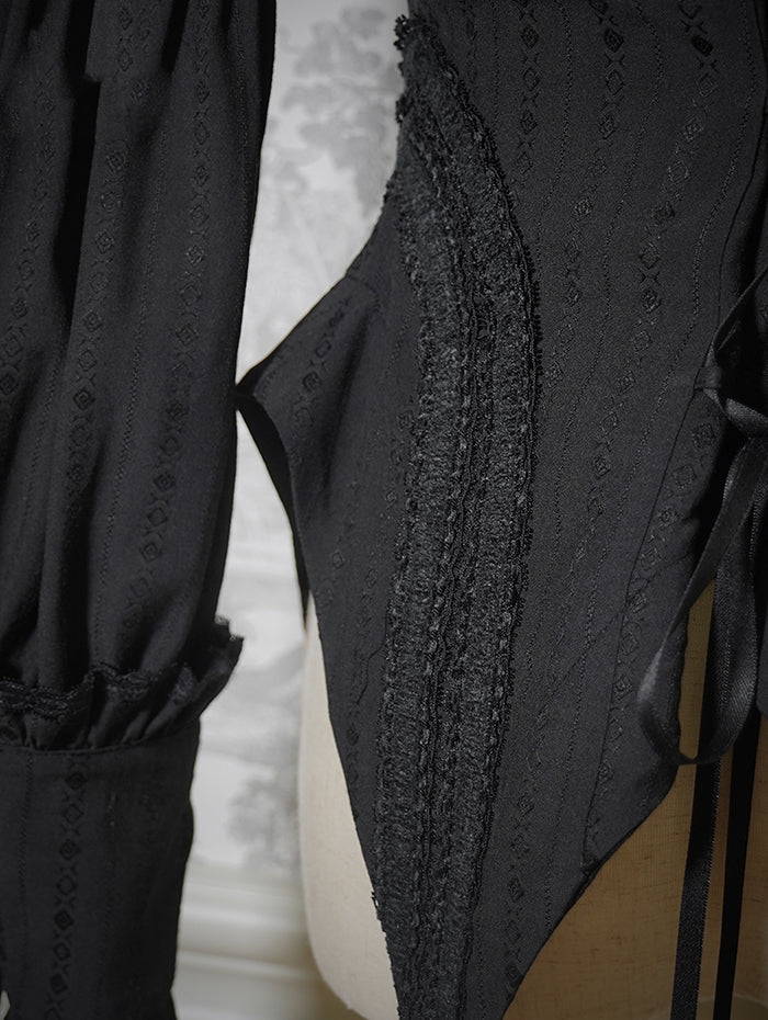 Black Ruffle Neckline Leg-of-Mutton Sleeves Blouse