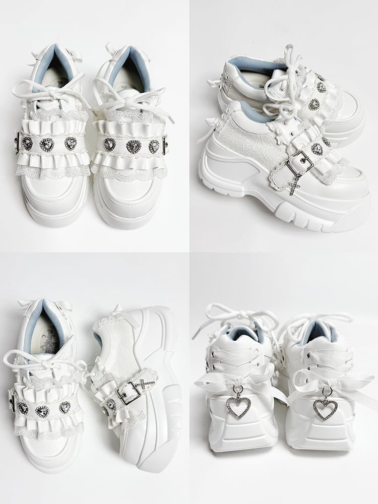 Lacing Crystal Kei Heart Back Jirai Shoes - Platform White