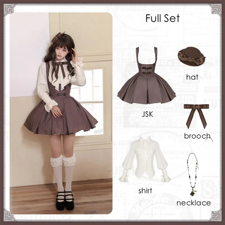 Classic Lolita Short JSK Set with Shirt and Accessories in Brown