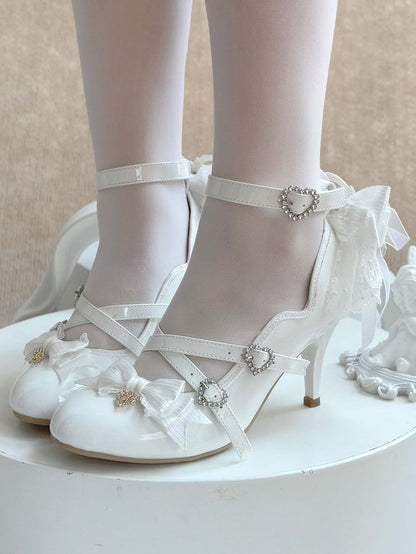 Detachable Back Elegant with White High Bow Shoes Heel Lolita