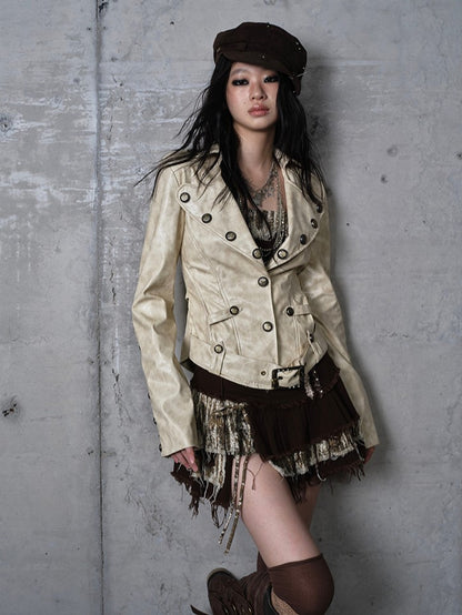 Gelbe Gürtelrose-Jacke mit Punk-Schnallenstickerei, kurz geschnitten, Khaki