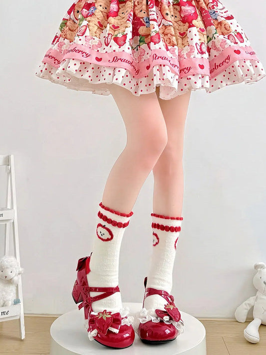 Red with Apple Socks Trim Furry White Calf Creamy