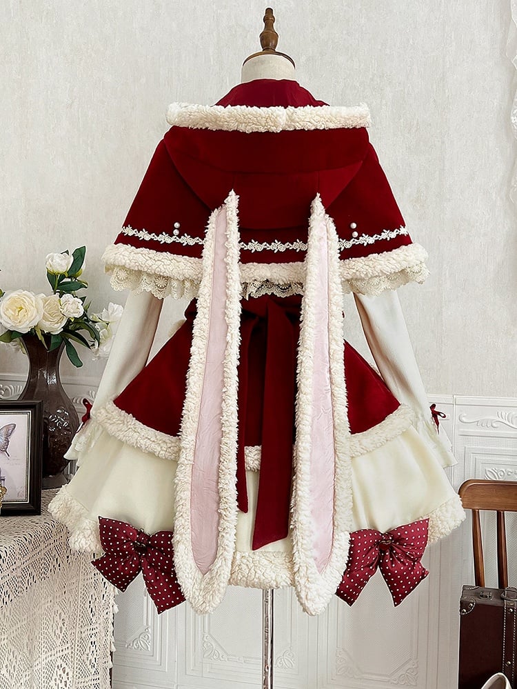 Ears Red Knitted Cape Skirt JSK - Sweet Lolita Dress Winter + Bunny Set Bear-Themed Top Short White