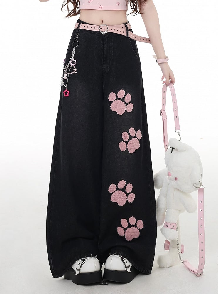 Taille Straight-Leg Jeans Rosa Pfotenstickerei Schwarz Niedrig