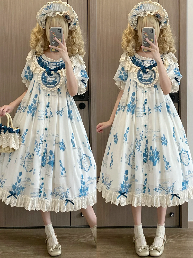 Loose Lolita Print Dress Plus Mulberry Sizes Poetry‌ and Blue Available