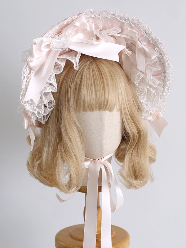 Bonnet Lolita Sweet Details Clips Pink With Lace Beaded Orange Decorated Trim Bowknot