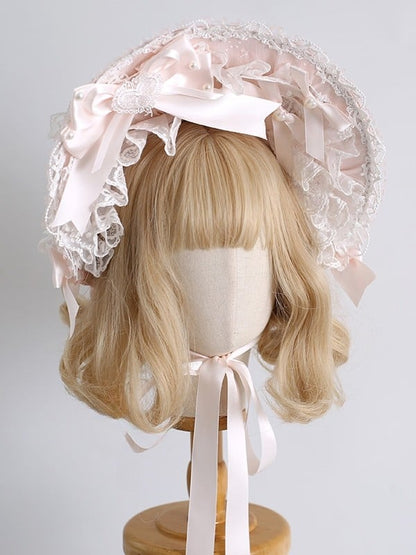 Bonnet Lolita Sweet Details Clips Pink With Lace Beaded Orange Decorated Trim Bowknot
