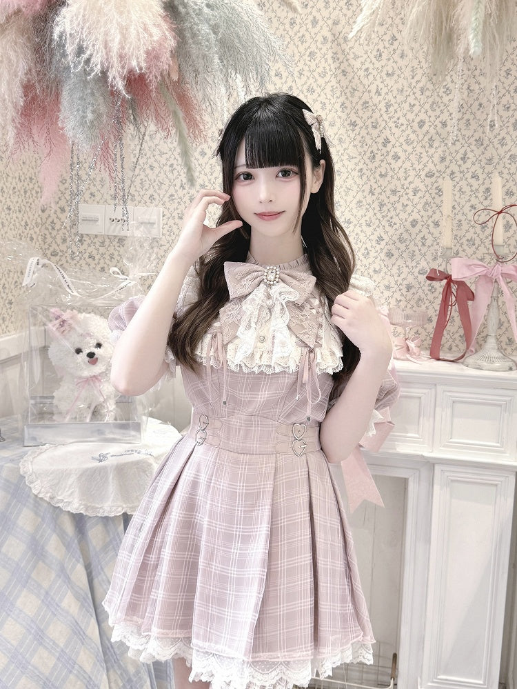 Cutout Neck Kei with Pink Lace Plaid Lace-up Dusty Jirai in Style White Shoulder Dress Details