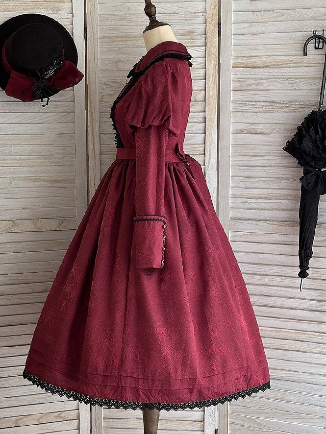 Juliette Red Dress Sleeves Pattern Spider Lace Trim and Black with Gothic Lolita Web