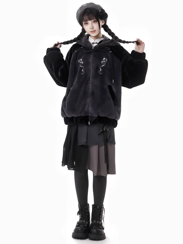 Black and Gray Lace-Up Knee-Length Skirt