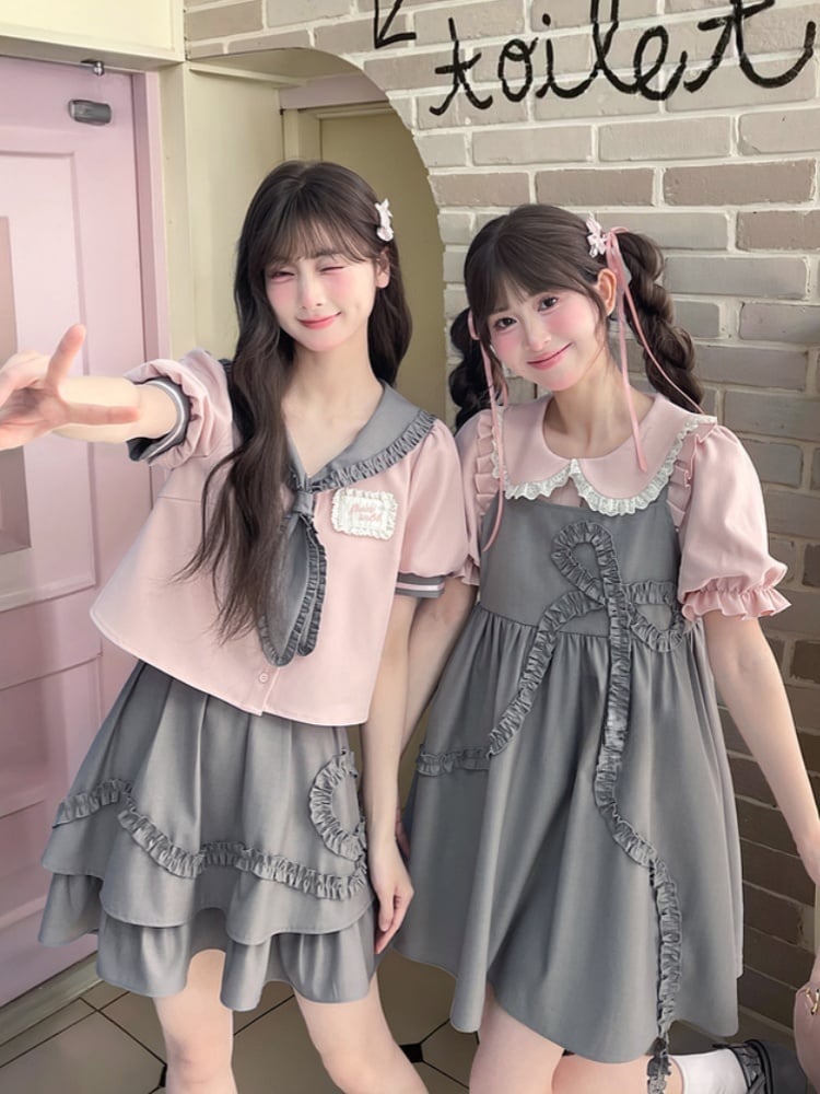 und graue Bluse Preppy Pink Rüschen Matrosenkragen Puffärmel Stil