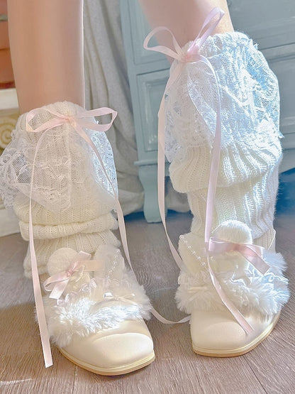 Details with Y2K Creamy Leg Warmers Accents Bow Bittersweet Knitted Lace White/Pink