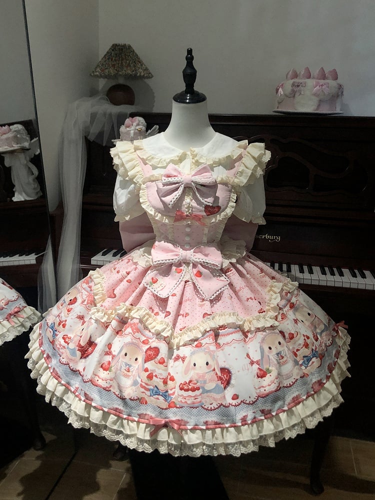 Bunny Kleid/Süße JSK Nette Print Lolita und Kuchen Erdbeere Rosa Set Volle