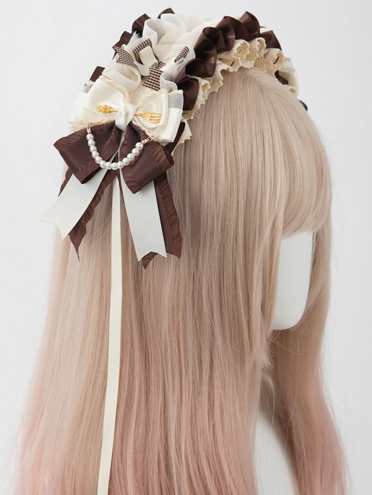 Lolita Brown Bead Sweet with White Ruffle Accents Bow Hairband and