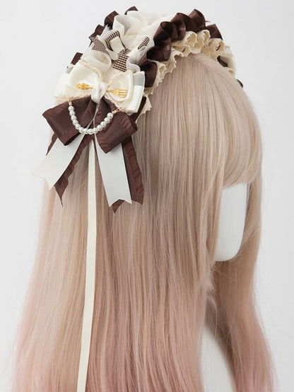 Lolita Brown Bead Sweet with White Ruffle Accents Bow Hairband and