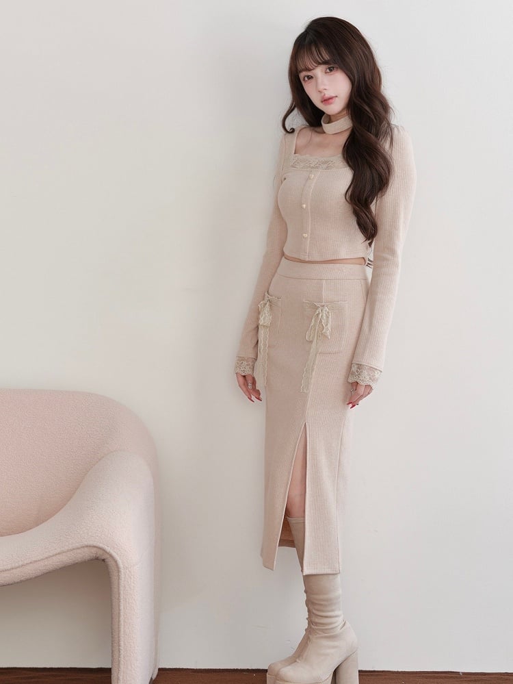 + Slit - Two-Piece Jirai Square Skirt Top Lace Set Choker Beige Neck Design Kei Accent Bow