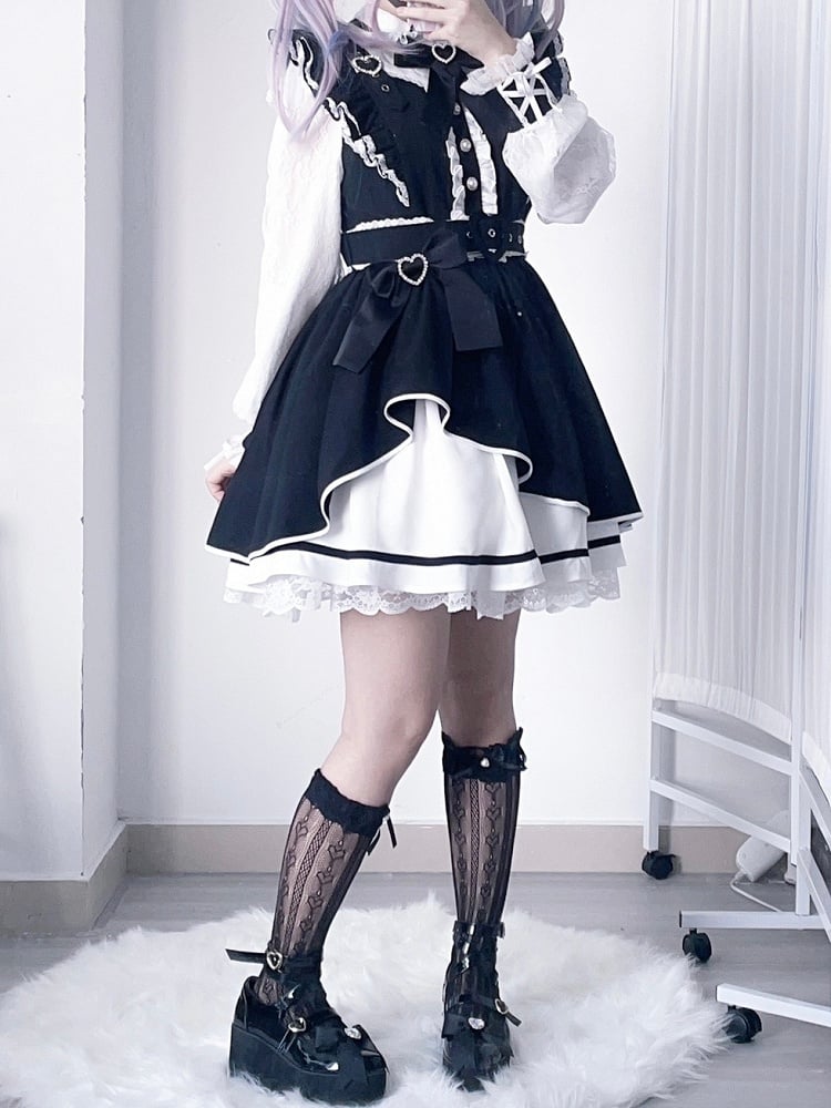 Heart Jirai BlackWhite Details Decorated Bowknot Kei Rhinestone