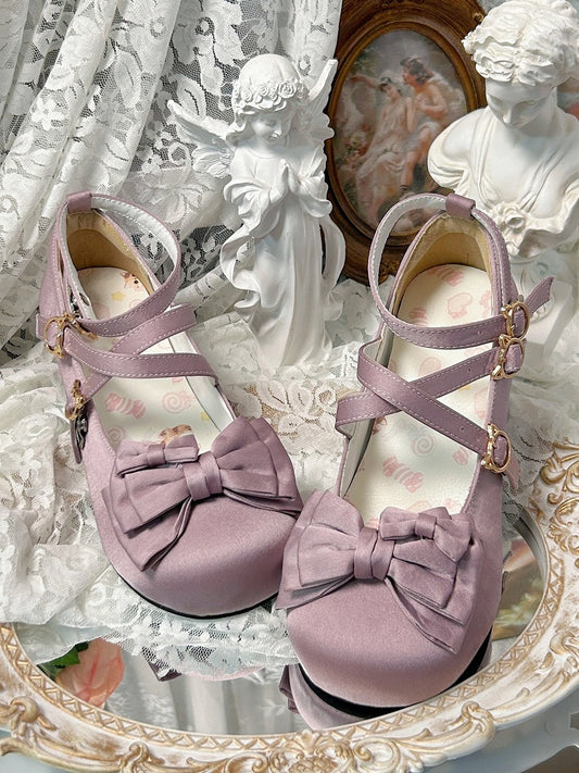 Bow Accents & Kitty-shaped Snap Satin Dusty Purple Mid-heel Shoes in Elegant Lolita