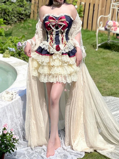 白雪姫ストラップレスプリンセスコルセットトップ/クリーミーレースブルマー