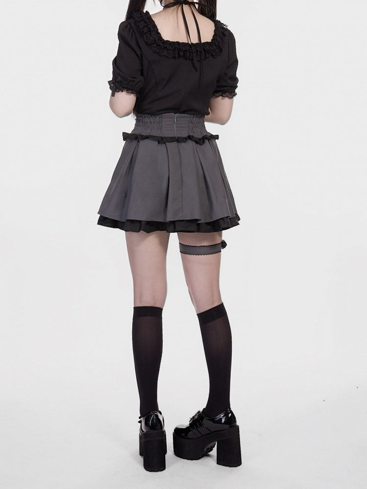 Gray Jirai Kei Double and Layers Skirt in Black with Double Buckle Straps  Garter