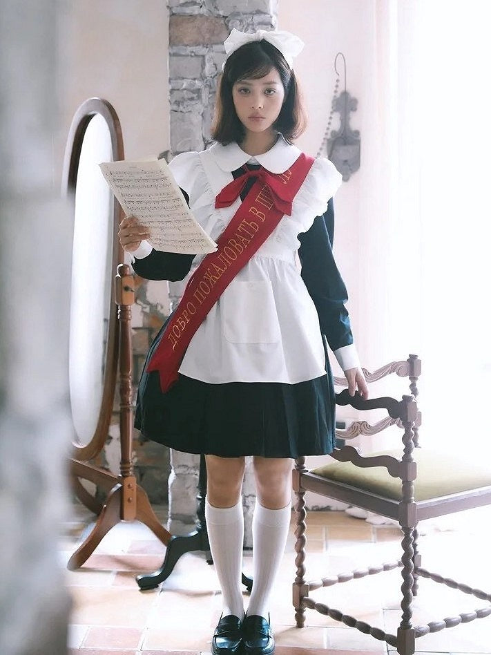 Red Black Bow Full Pleated Embroidered Maid Tie Ribbon with Sleeves Set + Lolita Apron Long Dress