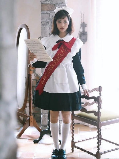 Red Black Bow Full Pleated Embroidered Maid Tie Ribbon with Sleeves Set + Lolita Apron Long Dress