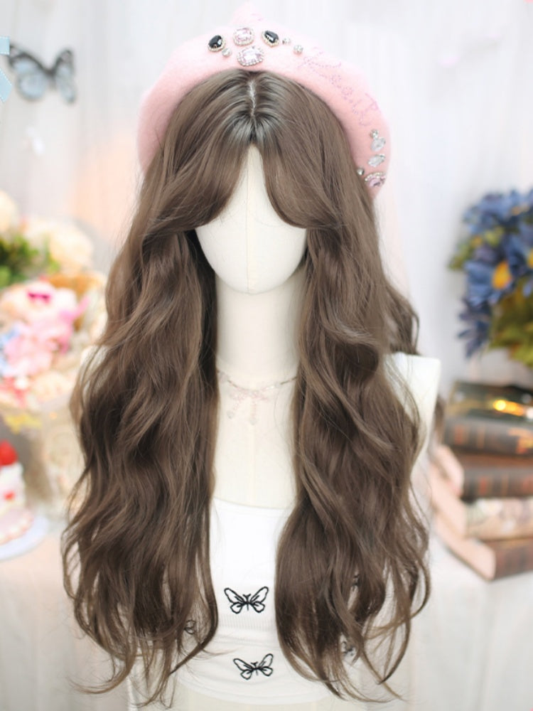 Dark Brown Under Bust Length Wavy Wig with Curtain Bangs