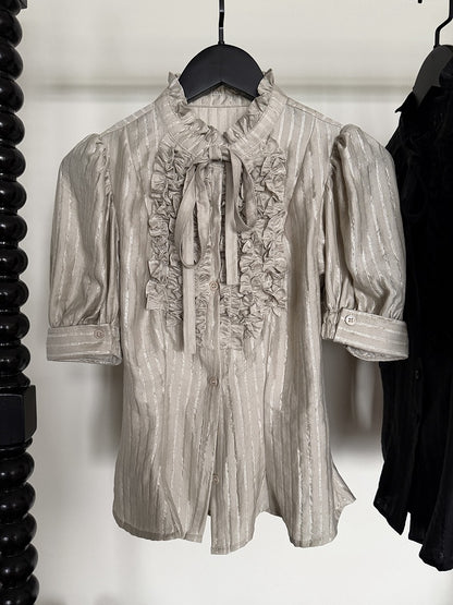 Champagne Ruffle Short Puff Sleeve Striped Lolita Blouse - Flower Fairy Daily