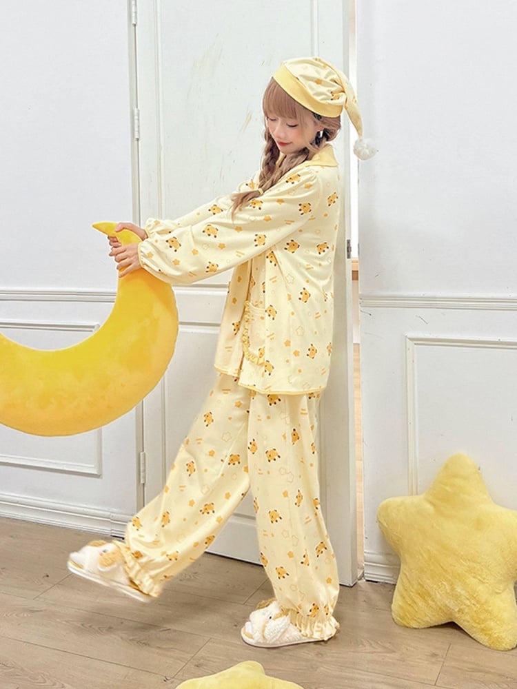 Yellow Mango Print Loungewear Set with Peter Pan Collar - Tan Tuan