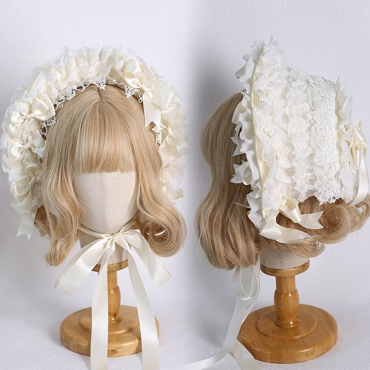 Farben: Abnehmbare Lolita-Haube mit Schleife, Spitzenbesatz und süßem, elegantem Beige 12