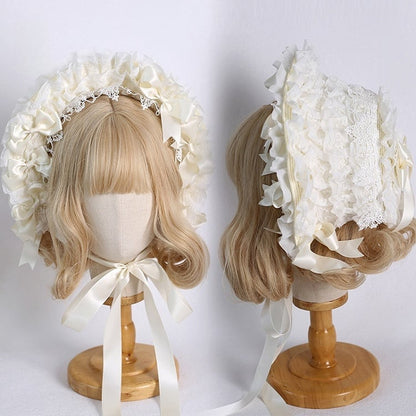 Colors Detachable Lolita Bowknot Bonnet Lace-Trimmed With Cute Elegant Beige 12