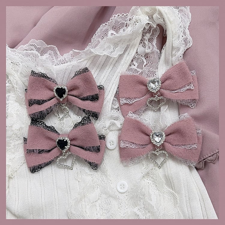 Pink Bow Lace Jirai Kei White/Black Trim Hairclips