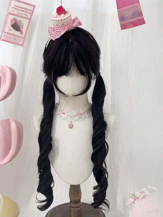 Curly Black Tea Wig with Full Bangs and Twin Tails - Meow Island Wig
