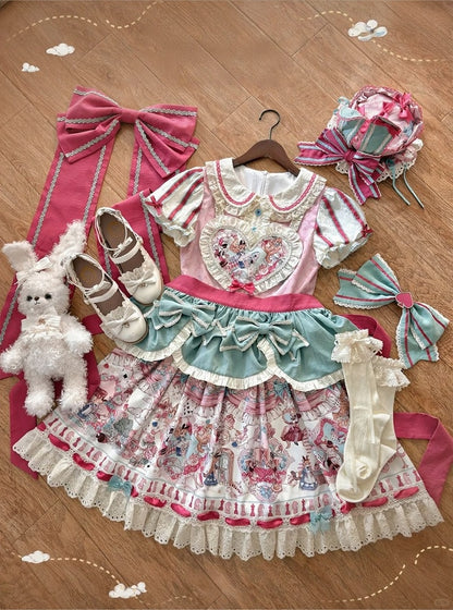 Pink & Green Alice Cat Vibes Heart-shaped Patch Sweet Lolita Dress with Apron Belt - Mewroco