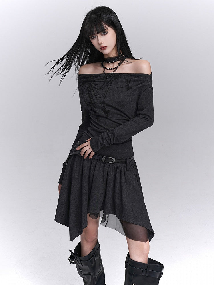 Off-Shoulder Dark Gray Dress Strap Graffiti Hem with Neck Gothic Handkerchief