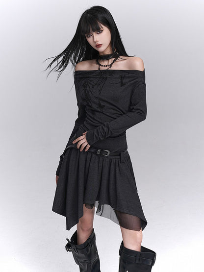 Off-Shoulder Dark Gray Dress Strap Graffiti Hem with Neck Gothic Handkerchief