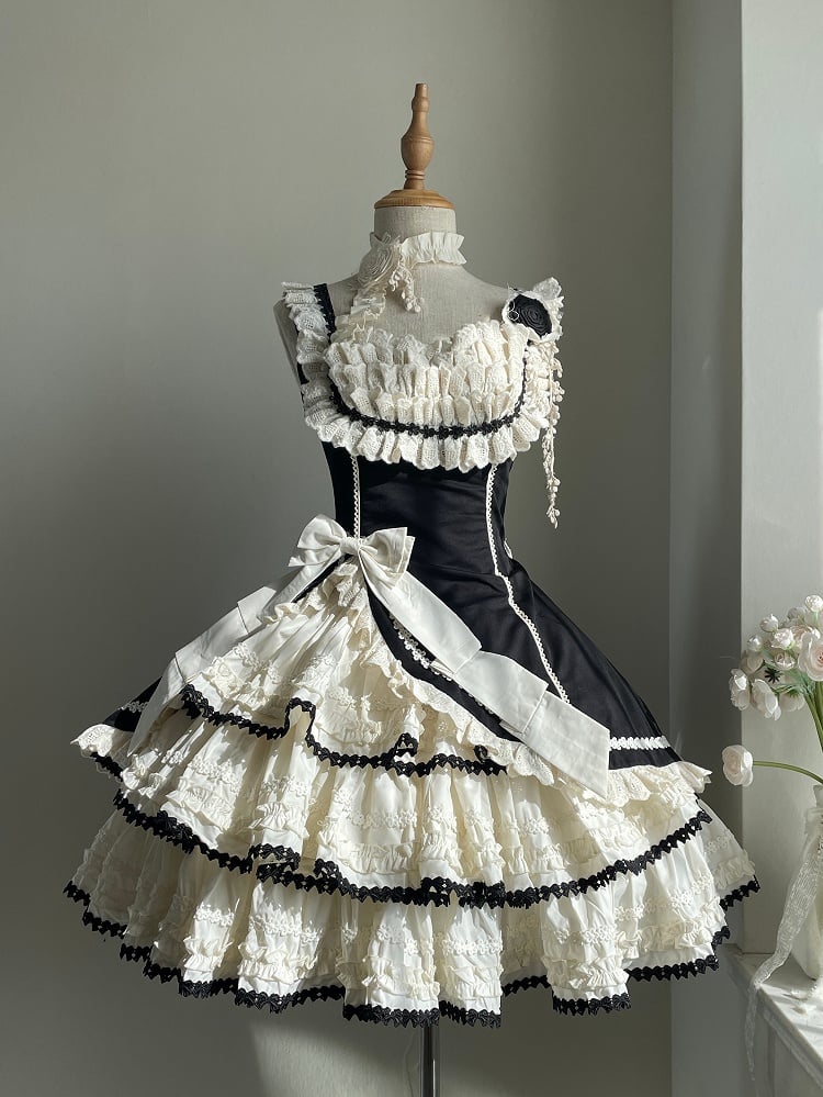 Jumper Beige Lolita Black Fit and Skirt Elegant Tiered Slim Waist