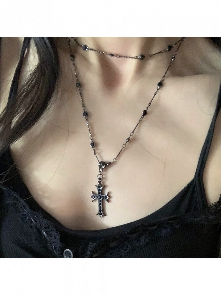 Black Cross Pendant Necklace with Beads - YSHXS