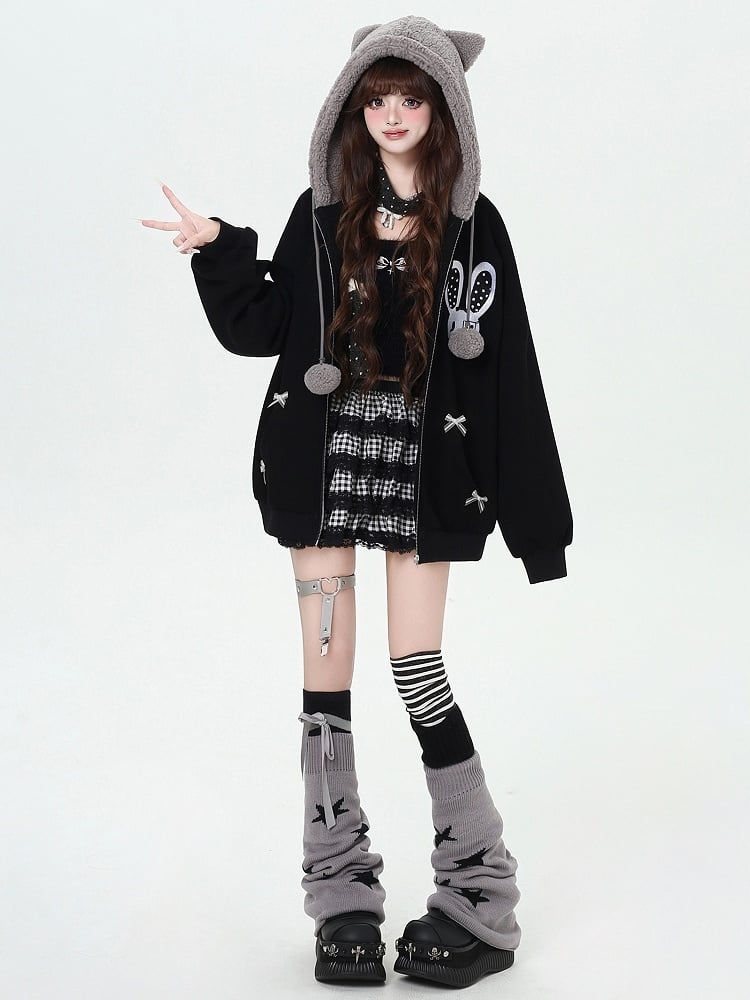 Schwarz/Rosa Kapuzenjacke mit Hasen-Katzenohren-Design