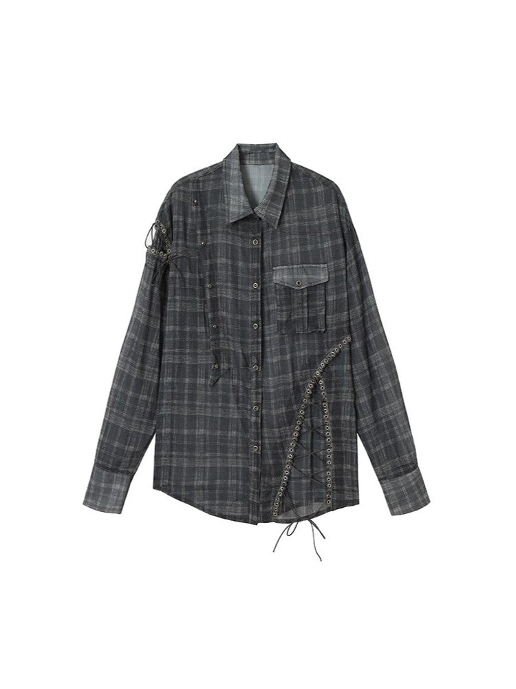 Side Laces Shirt Punk Chiffon with Gray Plaid Cross-Tie Slits