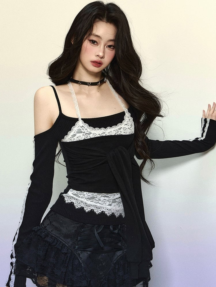 Schwarzes Neckholder-Oberteil mit langen Ärmeln und auffälligem Bindeakzent