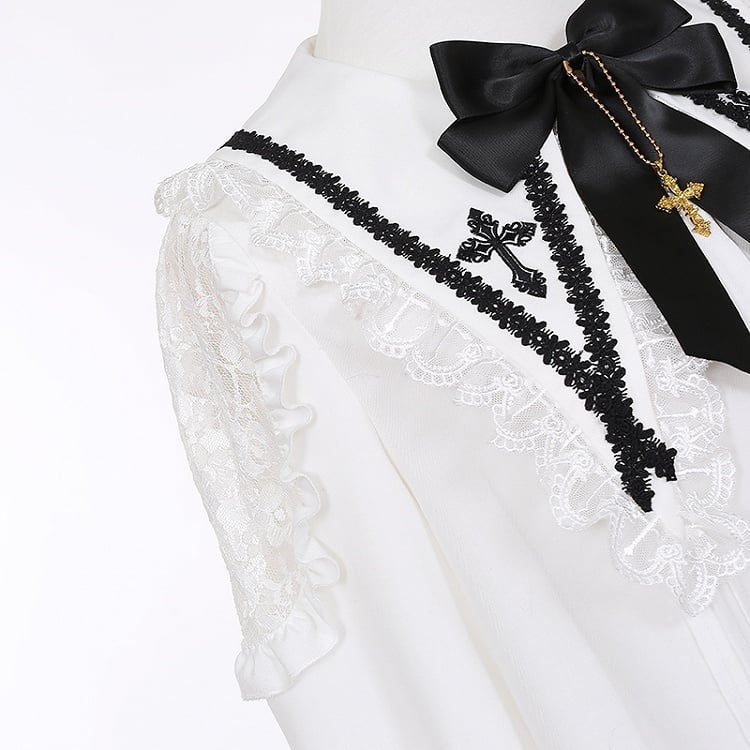 ジライケイ ホワイト ポインテッドフラットカラー レースパッチショルダー ランドマインスタイルシャツ