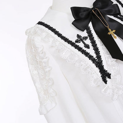 ジライケイ ホワイト ポインテッドフラットカラー レースパッチショルダー ランドマインスタイルシャツ