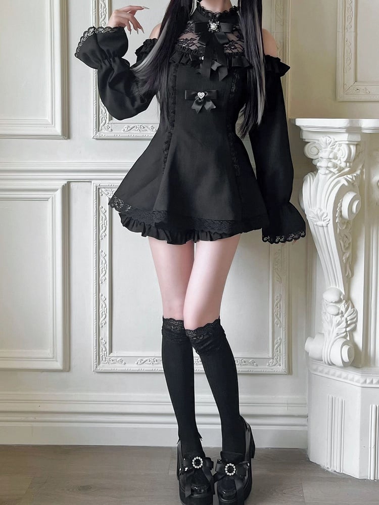 ジライケイイリュージョンフリルショーツ付きミニブラックスカート、カットアウトショルダードレス、ヘムネックラインセット